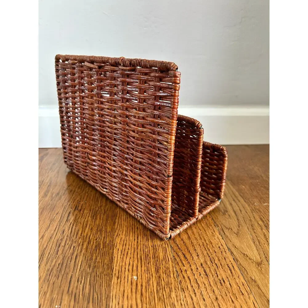 Vintage Woven Wicker Letter Rack | 3-Slot Rattan Mail & Magazine Organizer